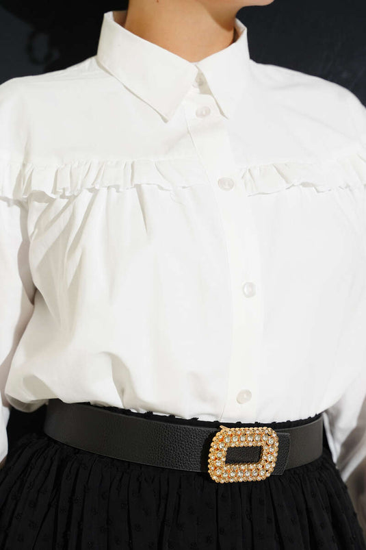 Fırfır Detaylı Kısa Gömlek Ekru