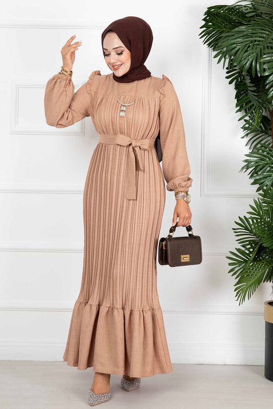 Robe Hijab en Lin Plissée Détaillée à Volants Marron Lait