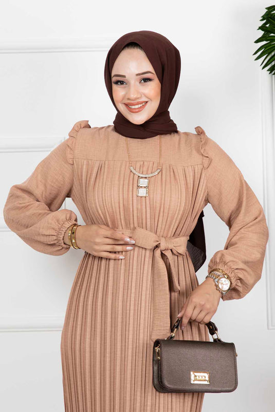 Robe Hijab en Lin Plissée Détaillée à Volants Marron Lait