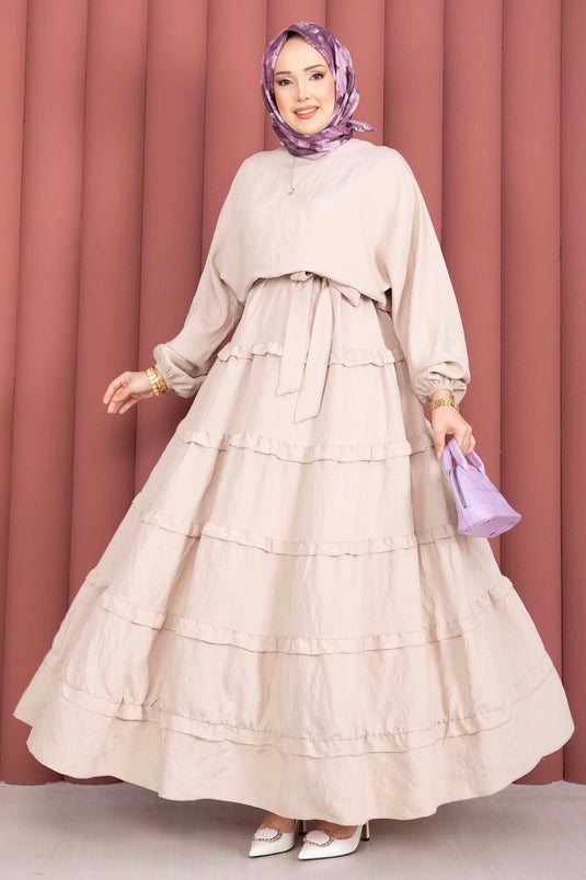 Tesettürkleid mit Rüschendetails und abnehmbarem Gürtel, Beige