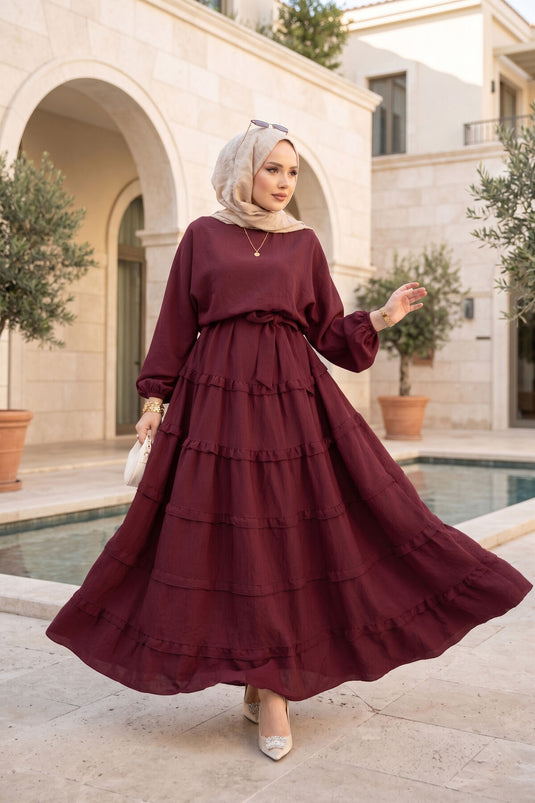 Robe Tesettür à Ceinture Amovible avec Détail Volant Bordeaux