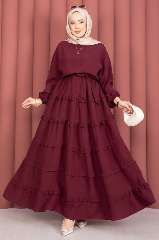 Robe Tesettür à Ceinture Amovible avec Détail Volant Bordeaux