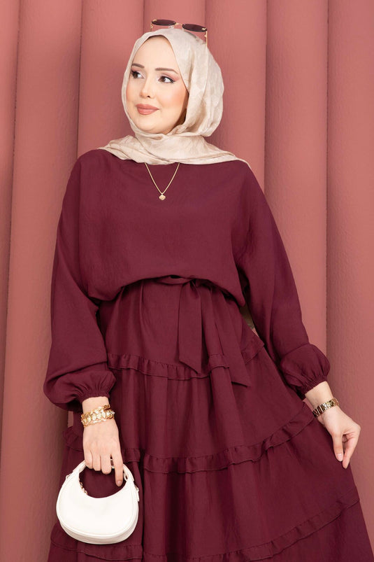 Robe Tesettür à Ceinture Amovible avec Détail Volant Bordeaux