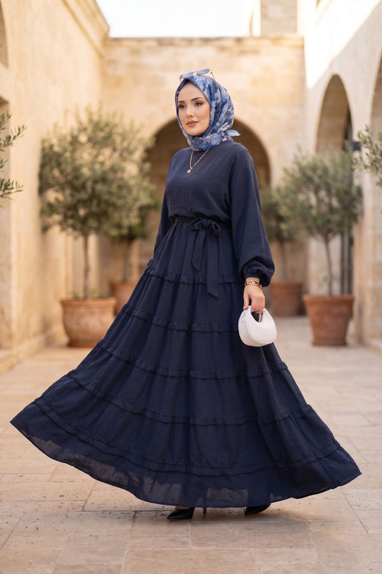 Ruffled Detail Detachable Belt Modest Dress Navy Blue