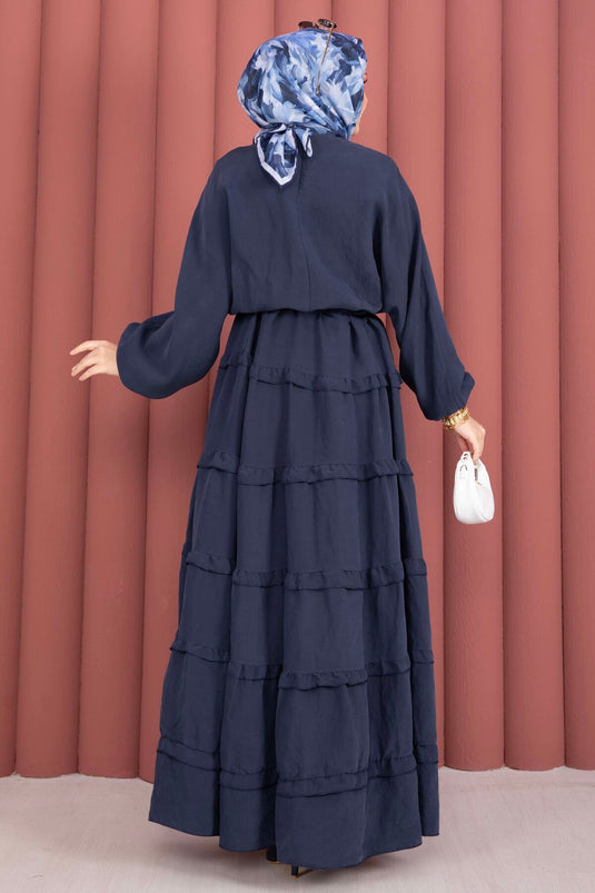 Ruffled Detail Detachable Belt Modest Dress Navy Blue