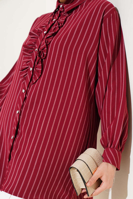 Chemise rayée bordeaux à boutons et volants