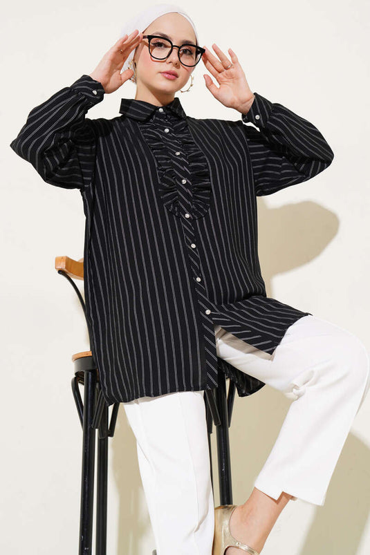 Chemise rayée noire à boutons et volants en pierre