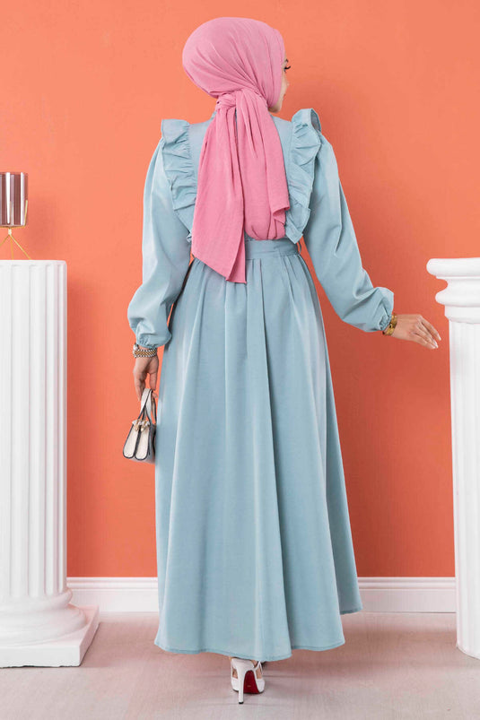 Rüschendetailliertes Hijab-Kleid Eisblau