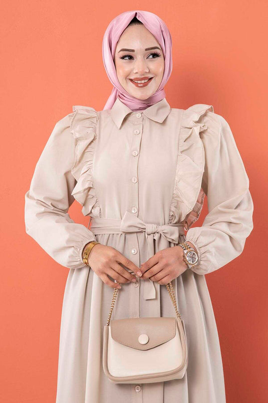 Rüschendetailliertes Hijab-Kleid in Creme