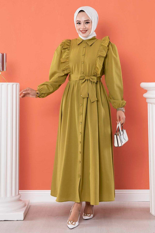 Ruffle Detailed Modest Dress Oil Green