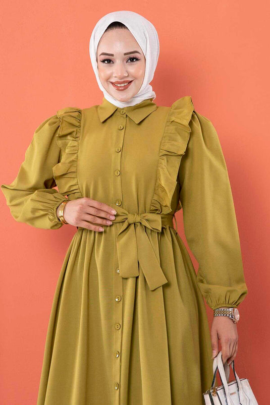 Ruffle Detailed Modest Dress Oil Green