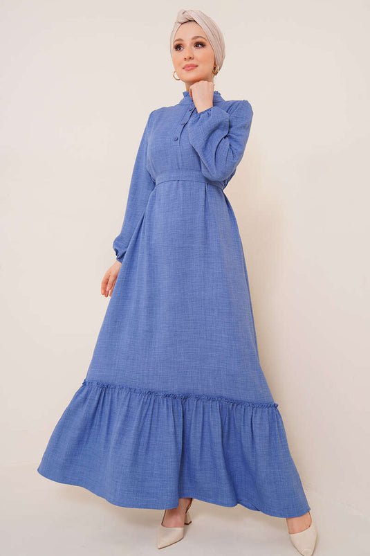 Robe boutonnée à col détaillé et volants Indigo