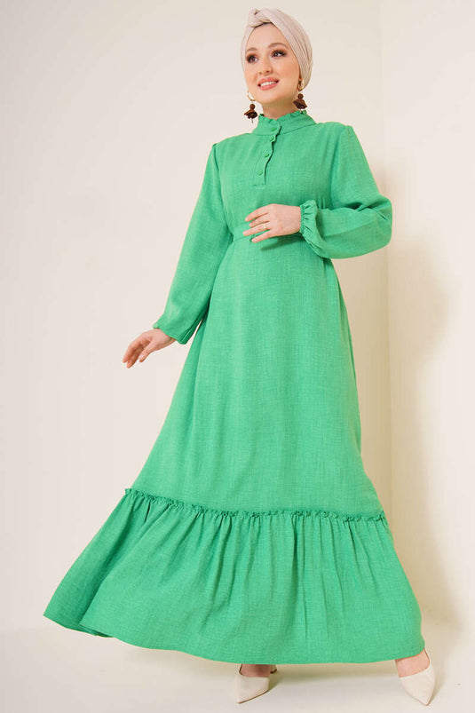 Robe Boutonnée à Col Détaillé à Volants Vert