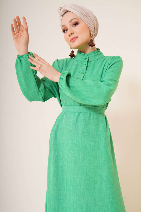 Robe Boutonnée à Col Détaillé à Volants Vert