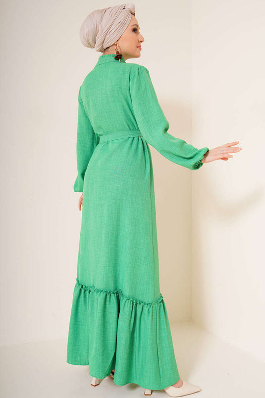 Robe Boutonnée à Col Détaillé à Volants Vert