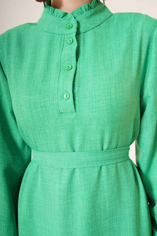 Robe Boutonnée à Col Détaillé à Volants Vert