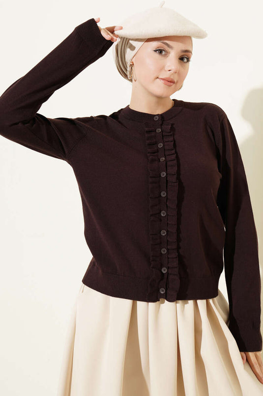 Chaqueta De Punto Con Volantes Y Botones En Marrón Picante