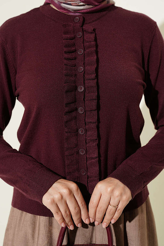 Chaqueta De Punto Con Volantes Y Botones Burdeos