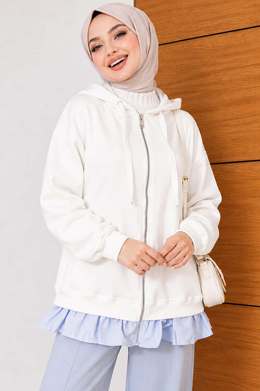 Gilet À Capuche En Tricot Avec Volants Couleur Écru