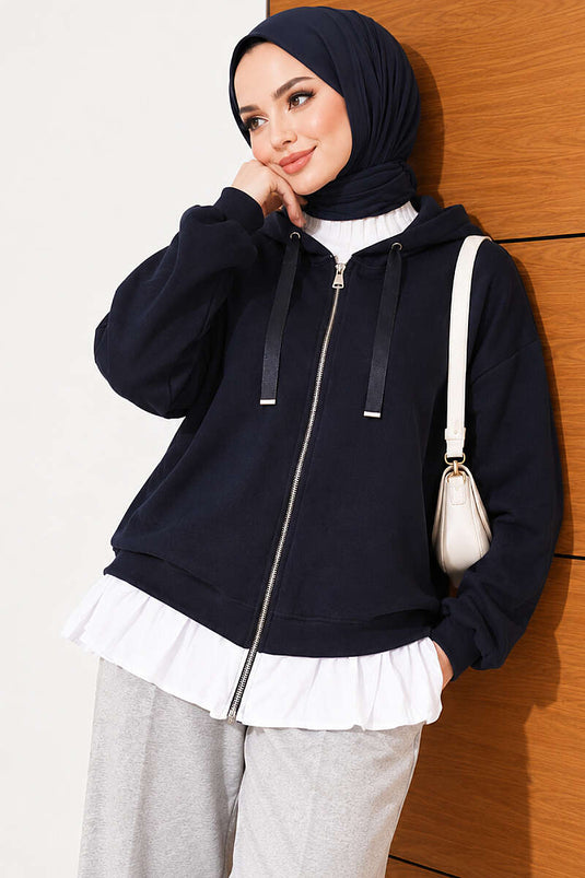 Rüschen Strickkapuzenjacke In Marineblau