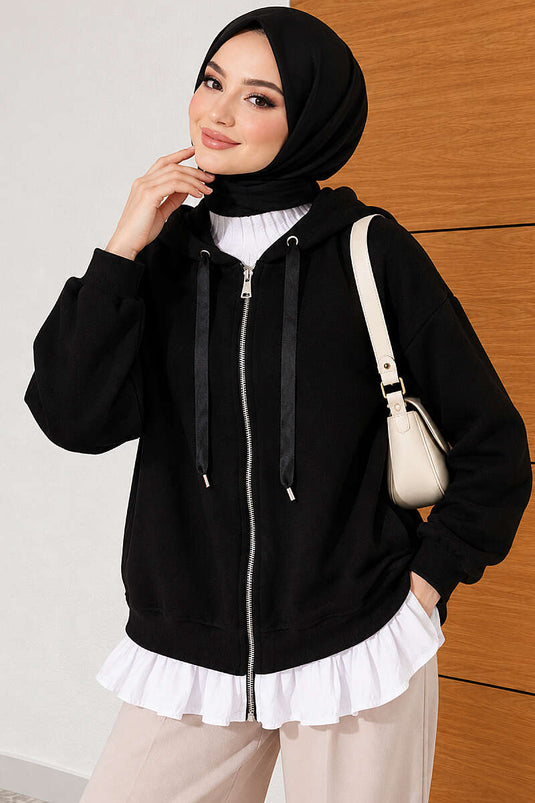 Schwarzer Kapuzen-Cardigan Mit Rüschen