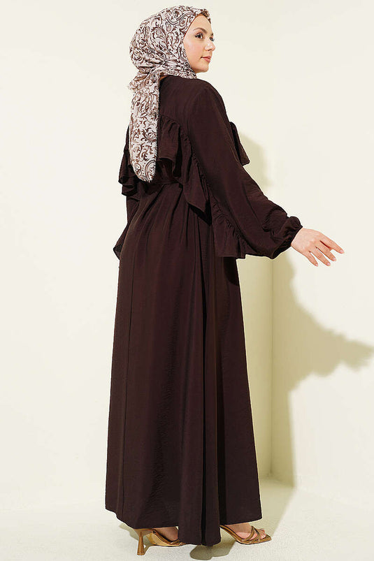 Robe à ceinture en corde avec ruban volantée couleur café amer