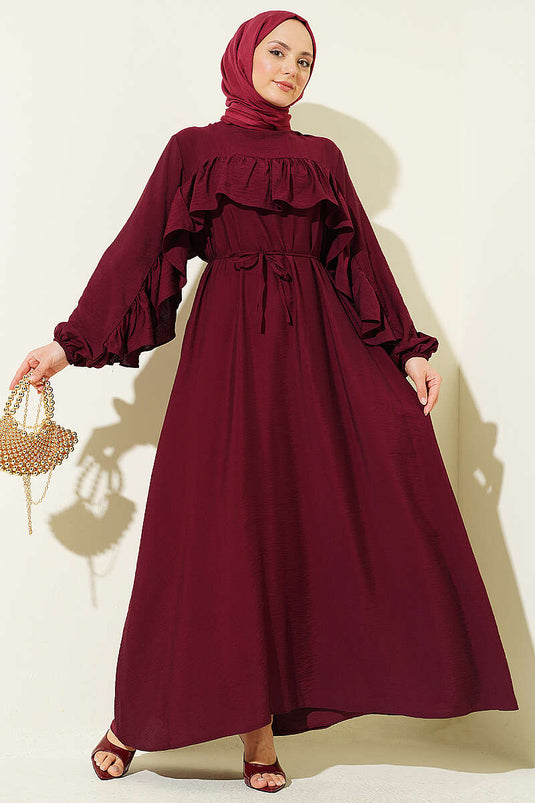 Robe ceinturée à cordon avec ruban volantée couleur prune