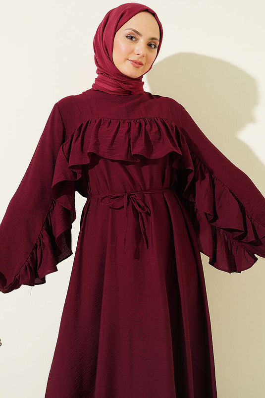Robe ceinturée à cordon avec ruban volantée couleur prune