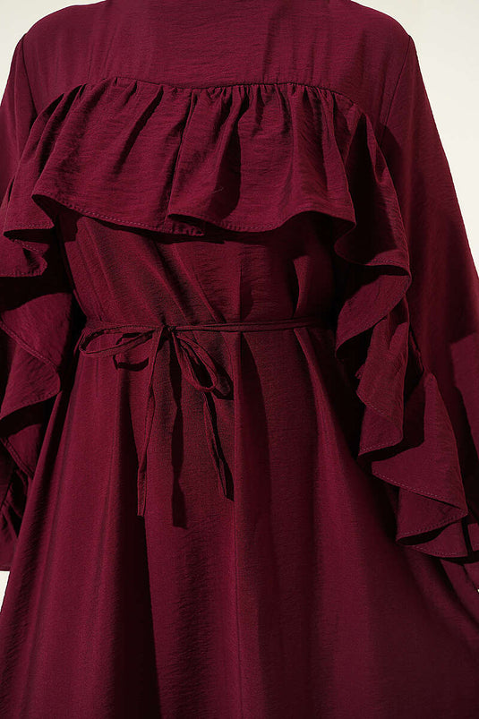 Robe ceinturée à cordon avec ruban volantée couleur prune