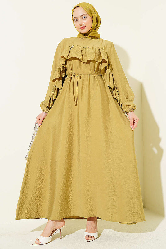 Robe à ceinture cordelette avec volants, vert olive