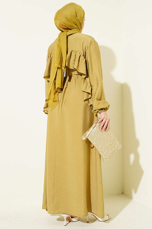 Robe à ceinture cordelette avec volants, vert olive