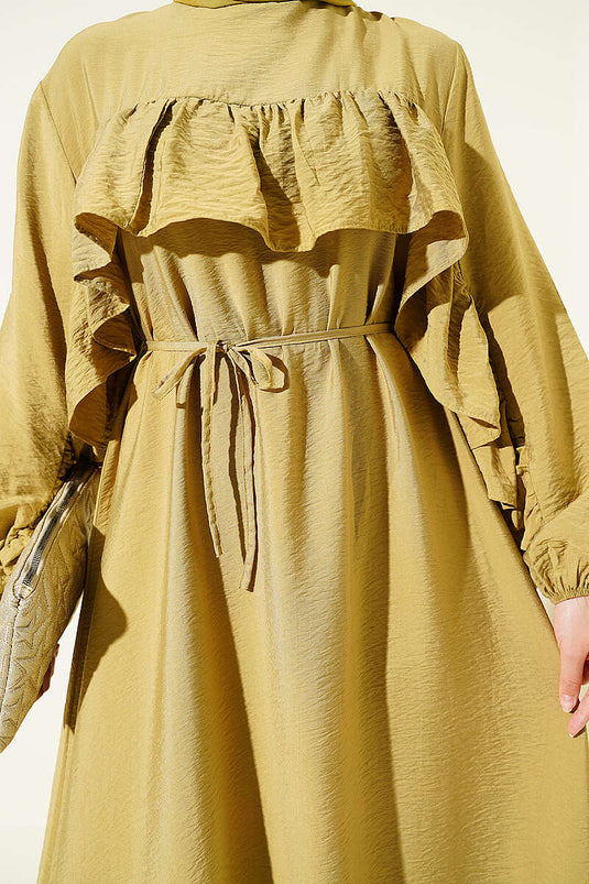 Robe à ceinture cordelette avec volants, vert olive