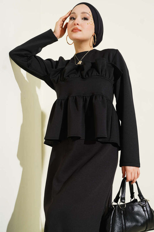 Two-Piece Set with Ruffled Embellished Skirt Black