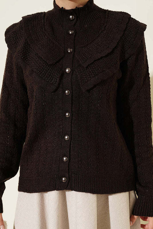 Chaqueta De Punto Con Cuello Ruffle Y Botones En Marrón