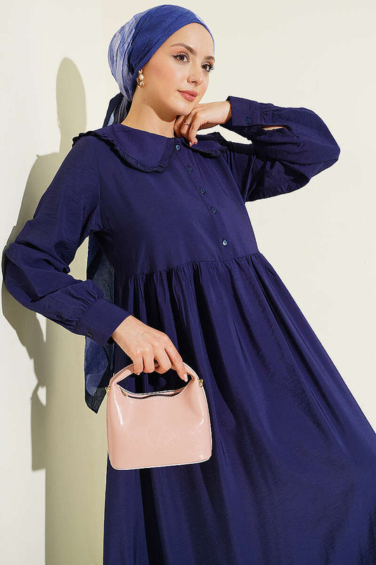 Robe à col bébé à volants avec boutons bleu marine