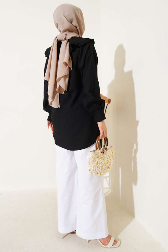 Fırfırlı Bebe Yaka Fiyonklu Gömlek Siyah