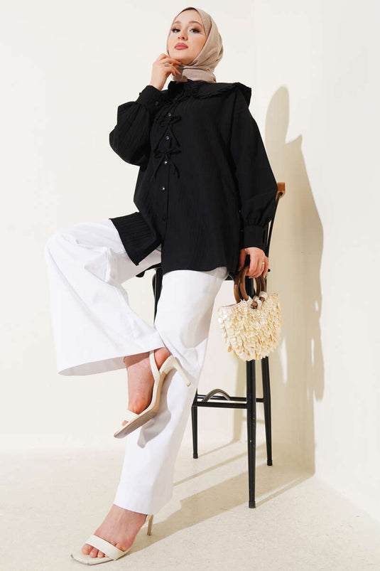 Fırfırlı Bebe Yaka Fiyonklu Gömlek Siyah