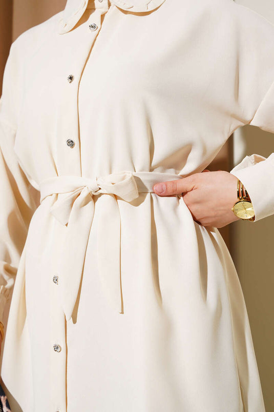 Ruffled Baby Collar Belted Shirt Beige