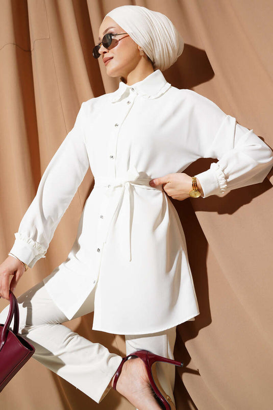 Ruffled Baby Collar Belted Shirt White