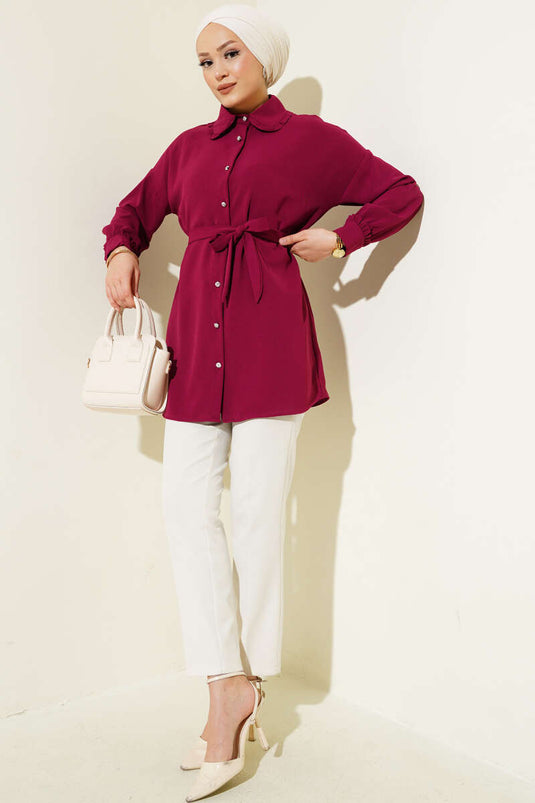 Ruffled Baby Collar Belted Shirt Burgundy