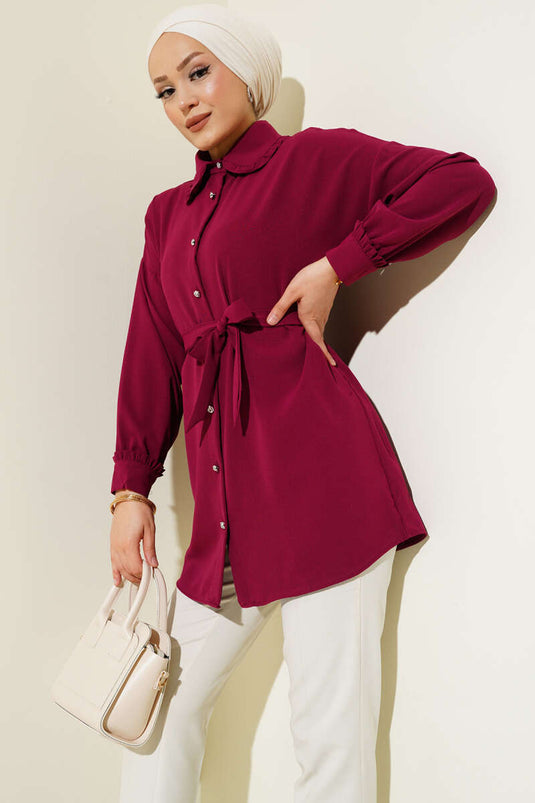 Ruffled Baby Collar Belted Shirt Burgundy