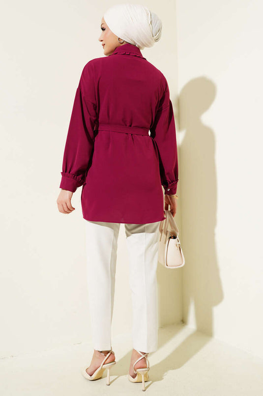 Ruffled Baby Collar Belted Shirt Burgundy