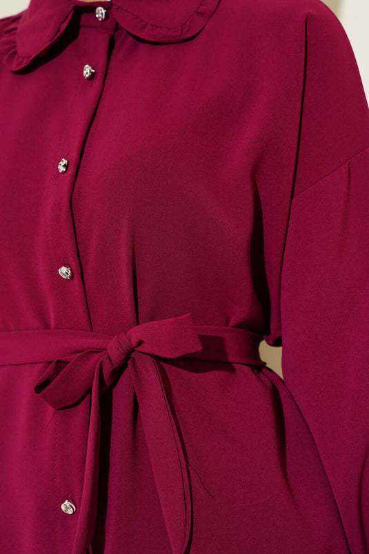 Ruffled Baby Collar Belted Shirt Burgundy