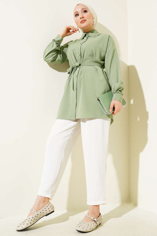 Frilled Baby Collar Belted Shirt Almond Green