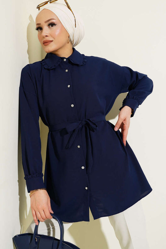 Ruffled Baby Collar Belted Shirt Navy Blue