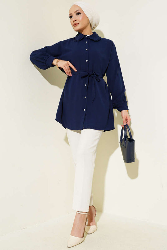 Ruffled Baby Collar Belted Shirt Navy Blue