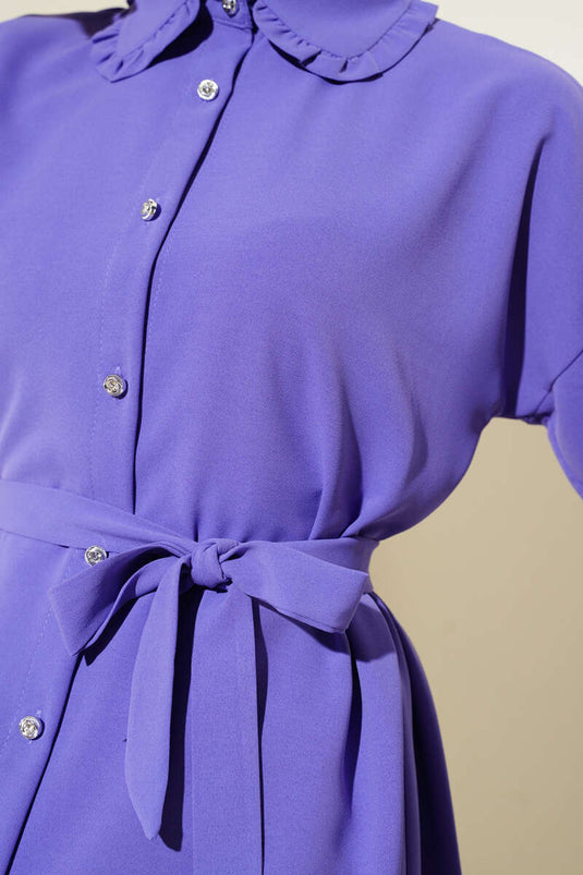 Ruffled Baby Collar Belted Shirt Lilac