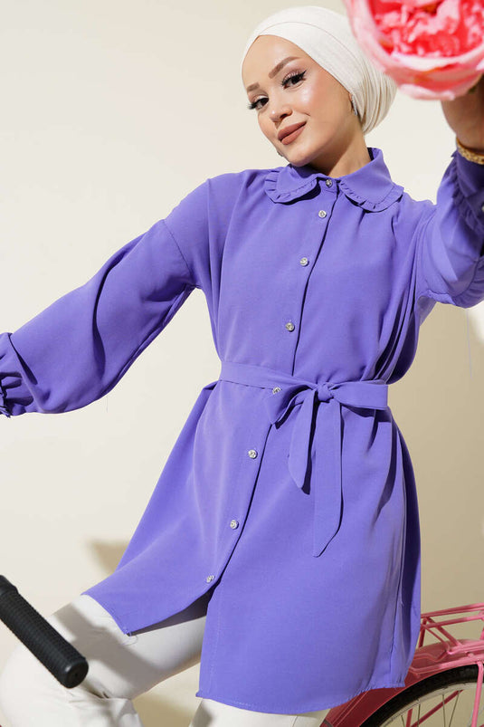 Ruffled Baby Collar Belted Shirt Lilac