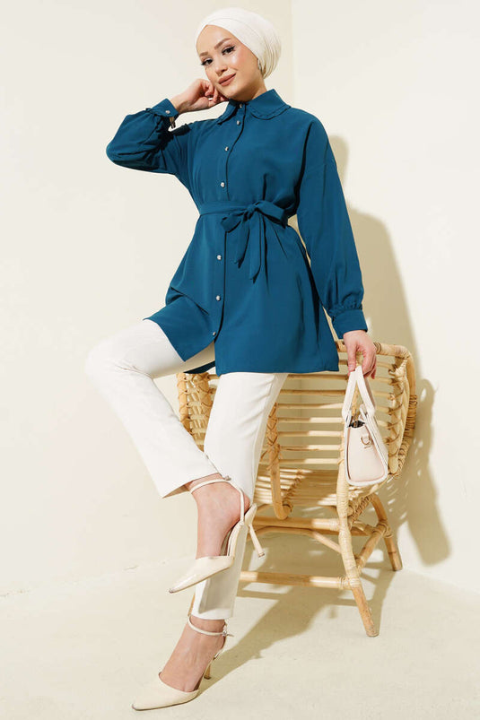 Ruffled Baby Collar Belted Shirt Petrol