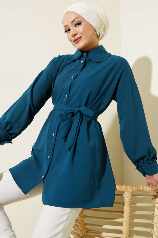 Ruffled Baby Collar Belted Shirt Petrol